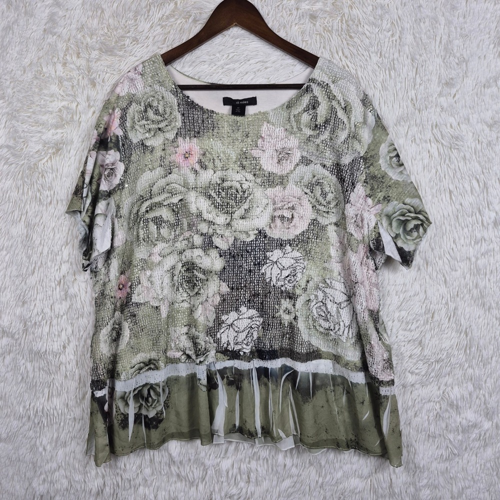 Ali Miles Womens 3X Floral Mesh Tiered Hem Blouse Sage Green Pink Rose